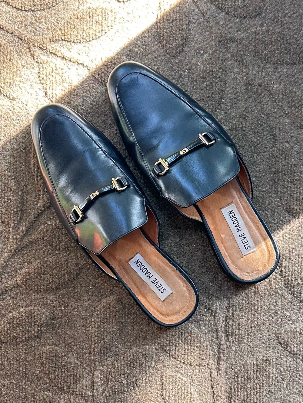 Men’s Steve Madden Kingsley Black Leather Mule Loafers with Gold Size 8